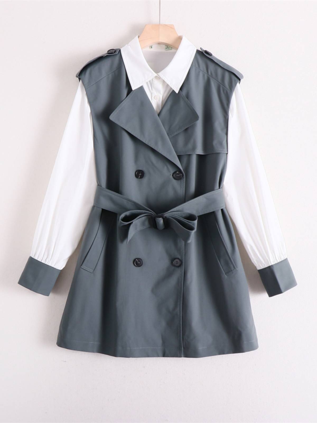 Duo series retro versatile long -sleeved long -sleeved shirt+double -breasted vest contrast 2 -piece set medium long windbreaker spring and autumn clothing
