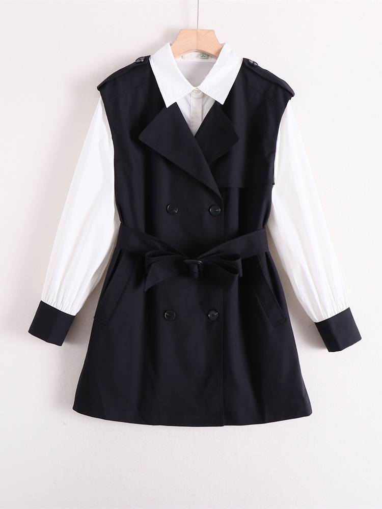 Duo series retro versatile long -sleeved long -sleeved shirt+double -breasted vest contrast 2 -piece set medium long windbreaker spring and autumn clothing