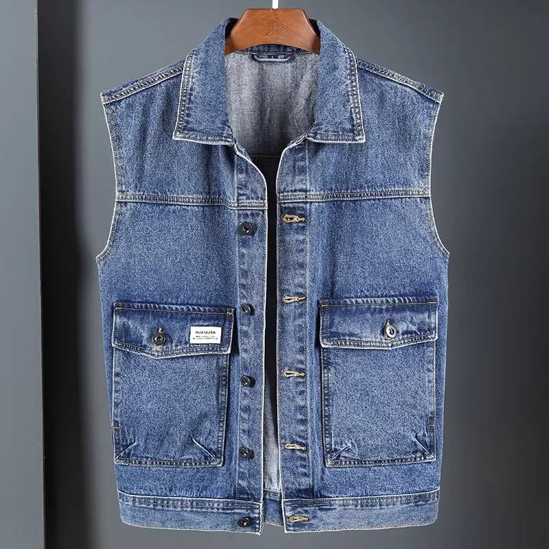 2024 new denim jacket Men's spring and autumn loose and handsome port breeze jacu shoulder sleeveless workpiece vest vest