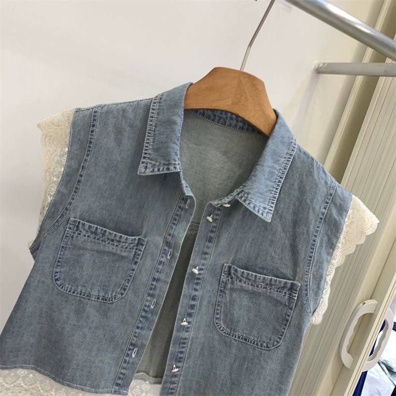 European Card Fragrance Breeze Lace Cowboy Vested Female Summer Skin Sliming Short Polo Little Flying Sleeve Veopal Jersey