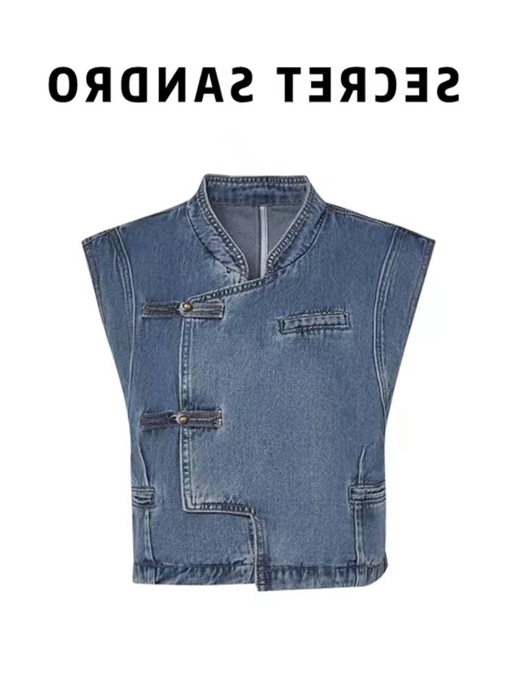 Dana's same women's new Chinese style high -level high -level denim vest women's summer models without sleeve jacket top