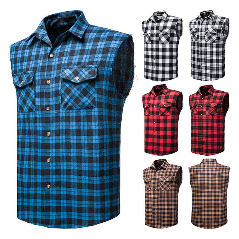 European code men's casual flange plaid shirt, sleeveless cotton, enlarged size vest youth shirt vest