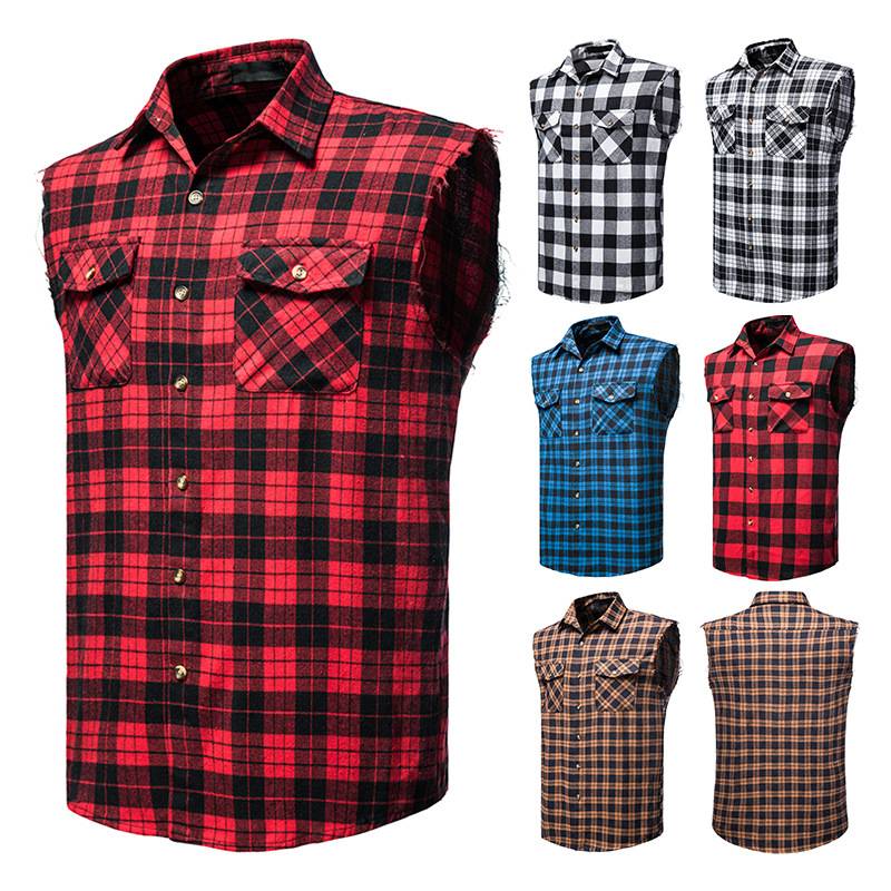 European code men's casual flange plaid shirt, sleeveless cotton, enlarged size vest youth shirt vest