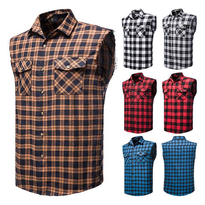European code men's casual flange plaid shirt, sleeveless cotton, enlarged size vest youth shirt vest