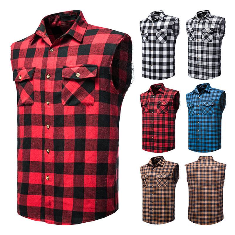 European code men's casual flange plaid shirt, sleeveless cotton, enlarged size vest youth shirt vest