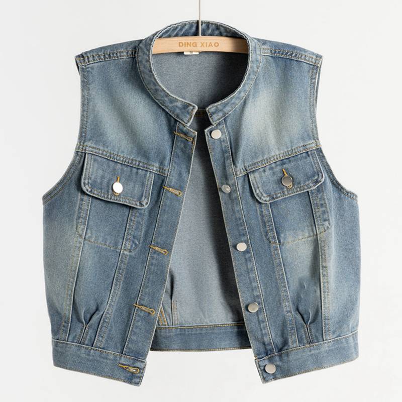 Fashion Retro Water Washing Cowboy Vested Ms. Spring and Autumn 2024 New Korean Short Sleeveless Horse Picking Shoulder top