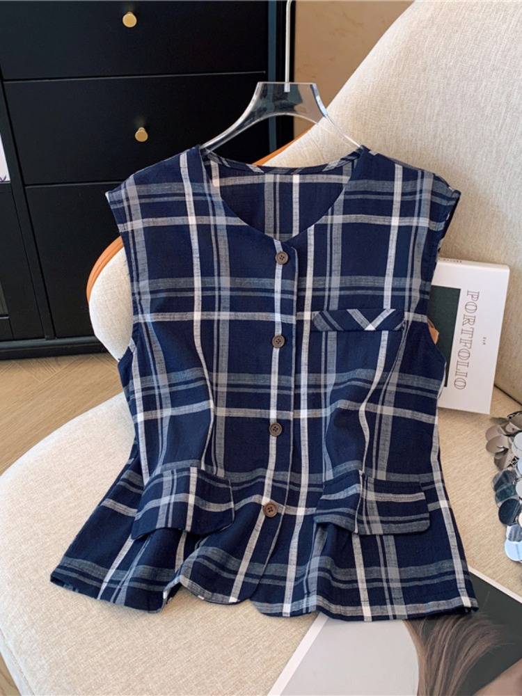 Summer Korean cotton and linen lattice vest female 2024 new fashion versatile small sleeveless shoulder top