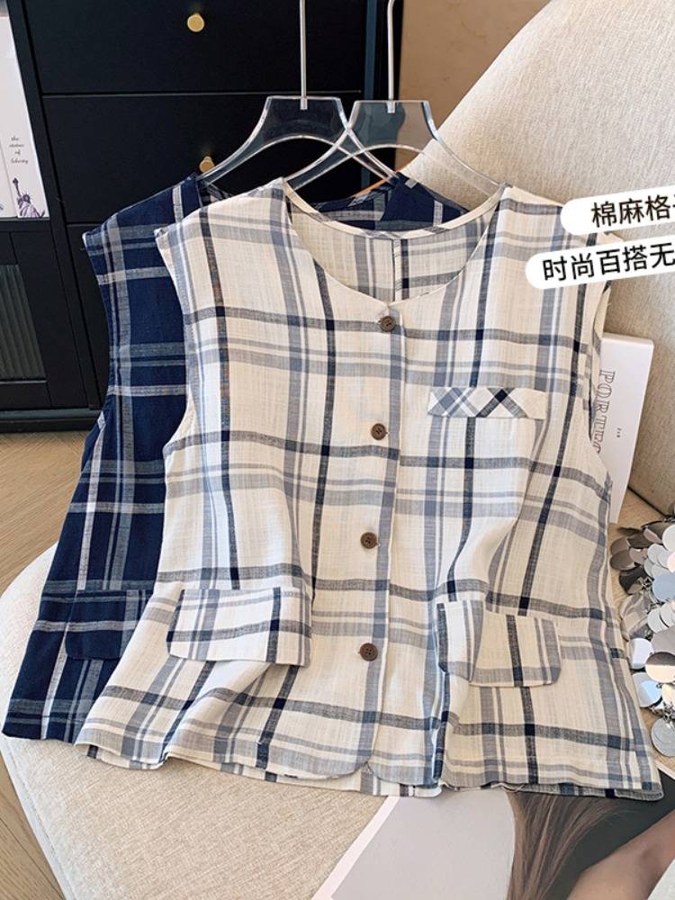 Summer Korean cotton and linen lattice vest female 2024 new fashion versatile small sleeveless shoulder top