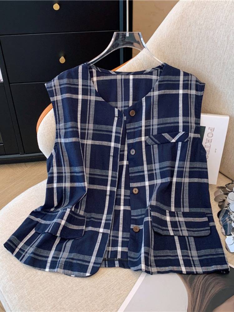 Summer Korean cotton and linen lattice vest female 2024 new fashion versatile small sleeveless shoulder top