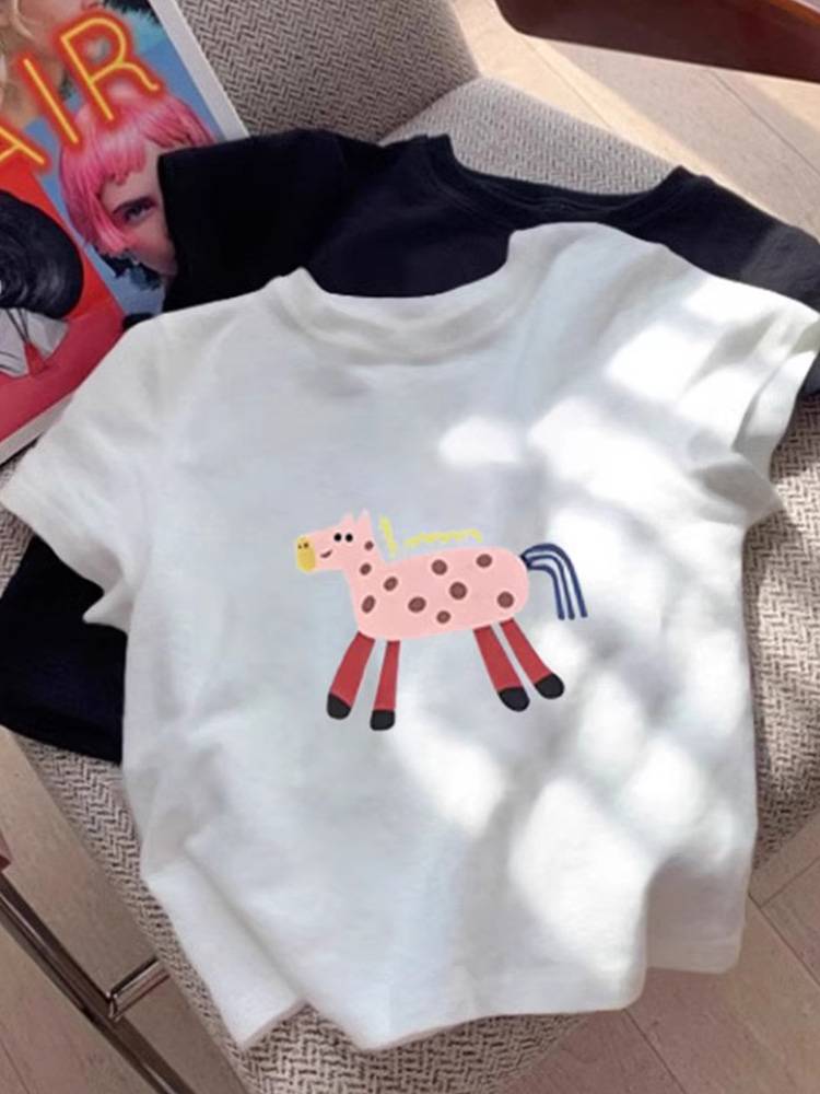 American retro positive shoulder horses, blue cartoon pony short -sleeved T -shirt female 2024 new age reduction foreign gas short top