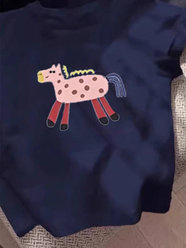 American retro positive shoulder horses, blue cartoon pony short -sleeved T -shirt female 2024 new age reduction foreign gas short top