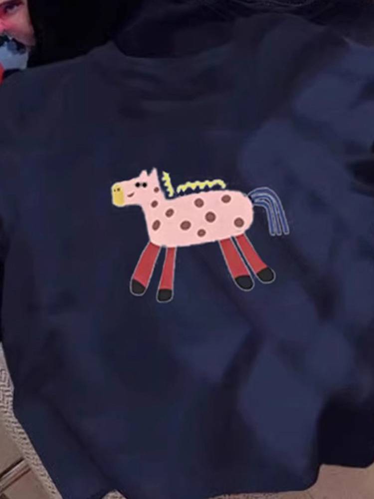 American retro positive shoulder horses, blue cartoon pony short -sleeved T -shirt female 2024 new age reduction foreign gas short top