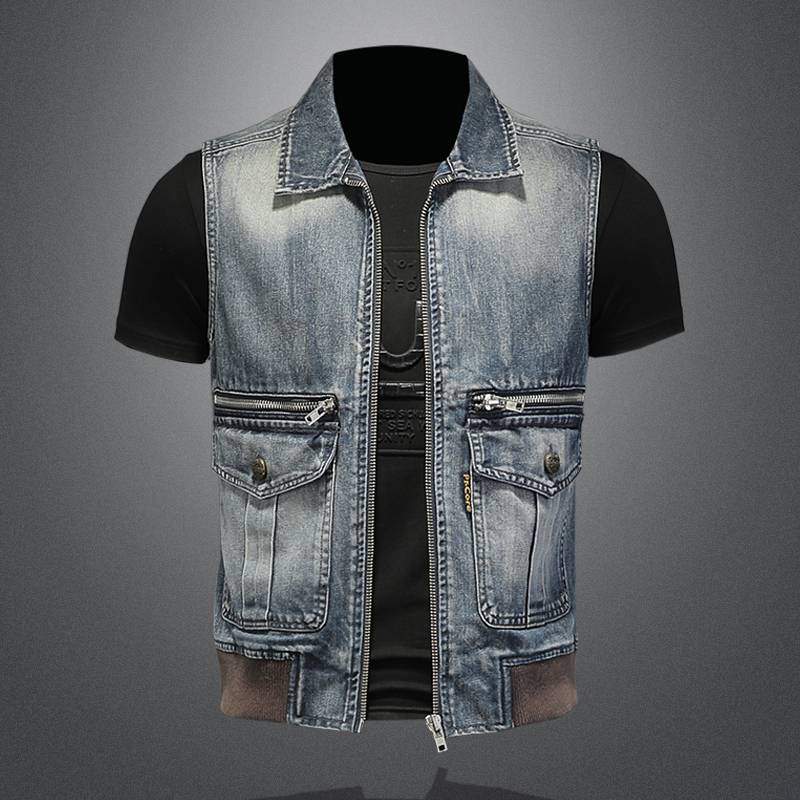 Cowboy vest men's trend fashion Harley riding locomotive retro vest sleeve non -cricketless shoulder handsome casual casual denim jacket