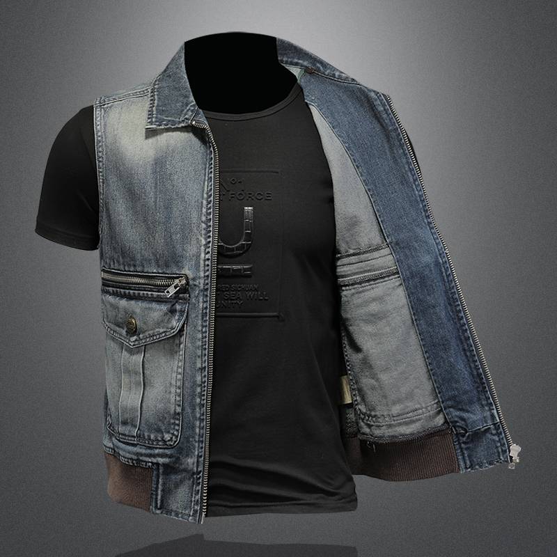Cowboy vest men's trend fashion Harley riding locomotive retro vest sleeve non -cricketless shoulder handsome casual casual denim jacket