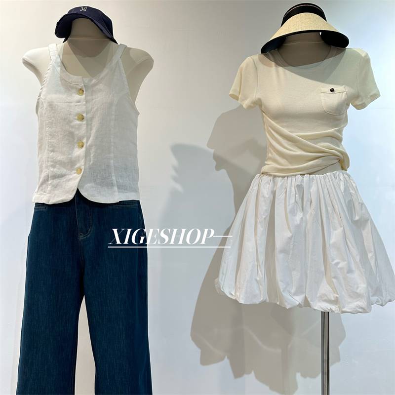 Cotton and linen temperament, shoulder, shoulder, deducting horse -kimonos, beautiful relaxation, breathable short horse clip vest top 2024 summer