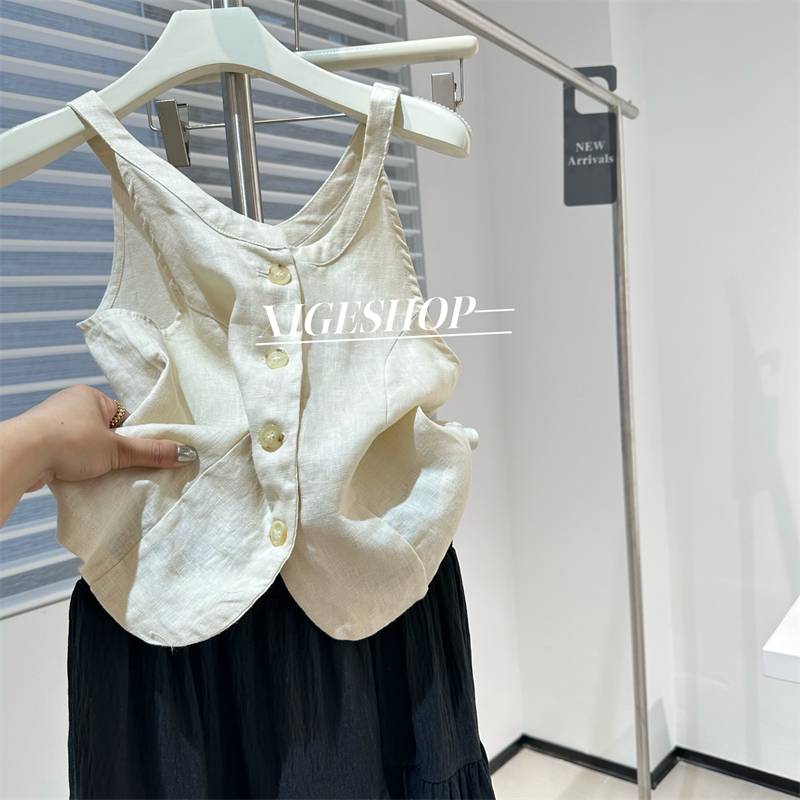 Cotton and linen temperament, shoulder, shoulder, deducting horse -kimonos, beautiful relaxation, breathable short horse clip vest top 2024 summer