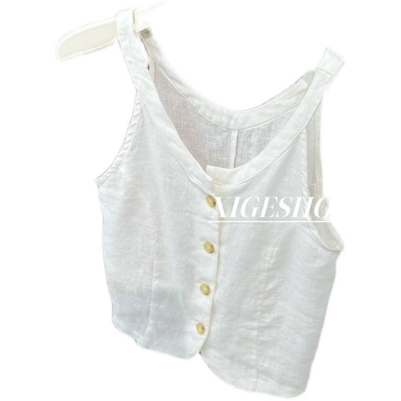 Cotton and linen temperament, shoulder, shoulder, deducting horse -kimonos, beautiful relaxation, breathable short horse clip vest top 2024 summer