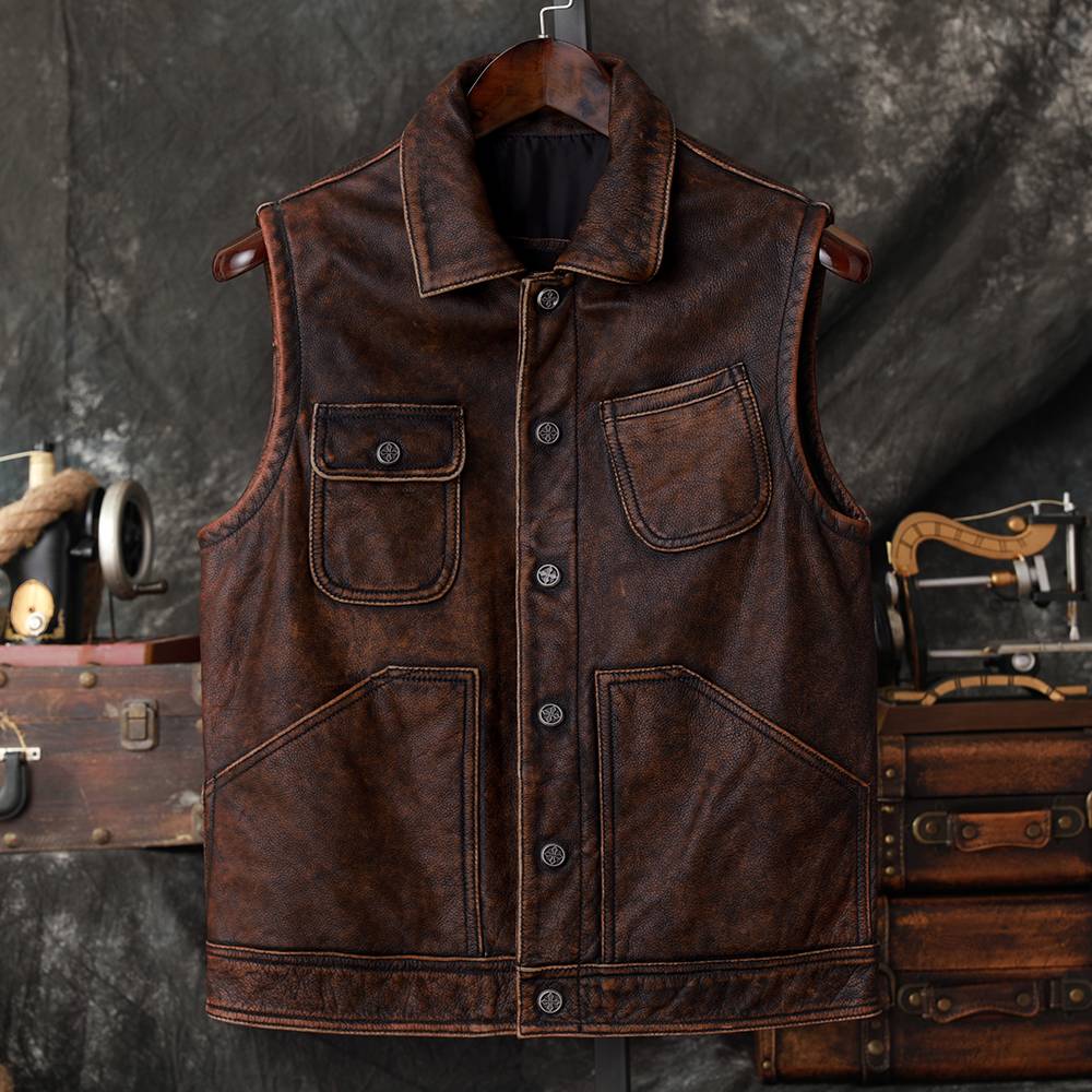American -style vest Amea Kazakhstan Model Make Old Pure Head Cruise Leather Fer Pippi Male Leather Vest Spring and Autumn