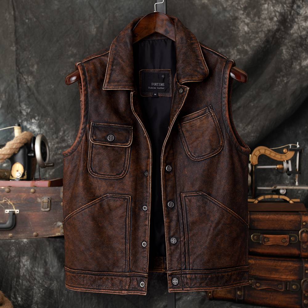American -style vest Amea Kazakhstan Model Make Old Pure Head Cruise Leather Fer Pippi Male Leather Vest Spring and Autumn