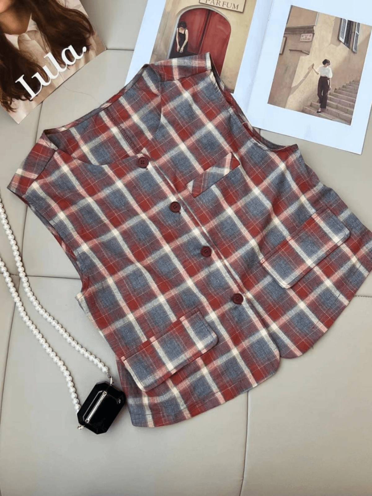 Color grid -colored shoulder vest female model 2024 new summer thin single buckle sleeveless pony clip vest top
