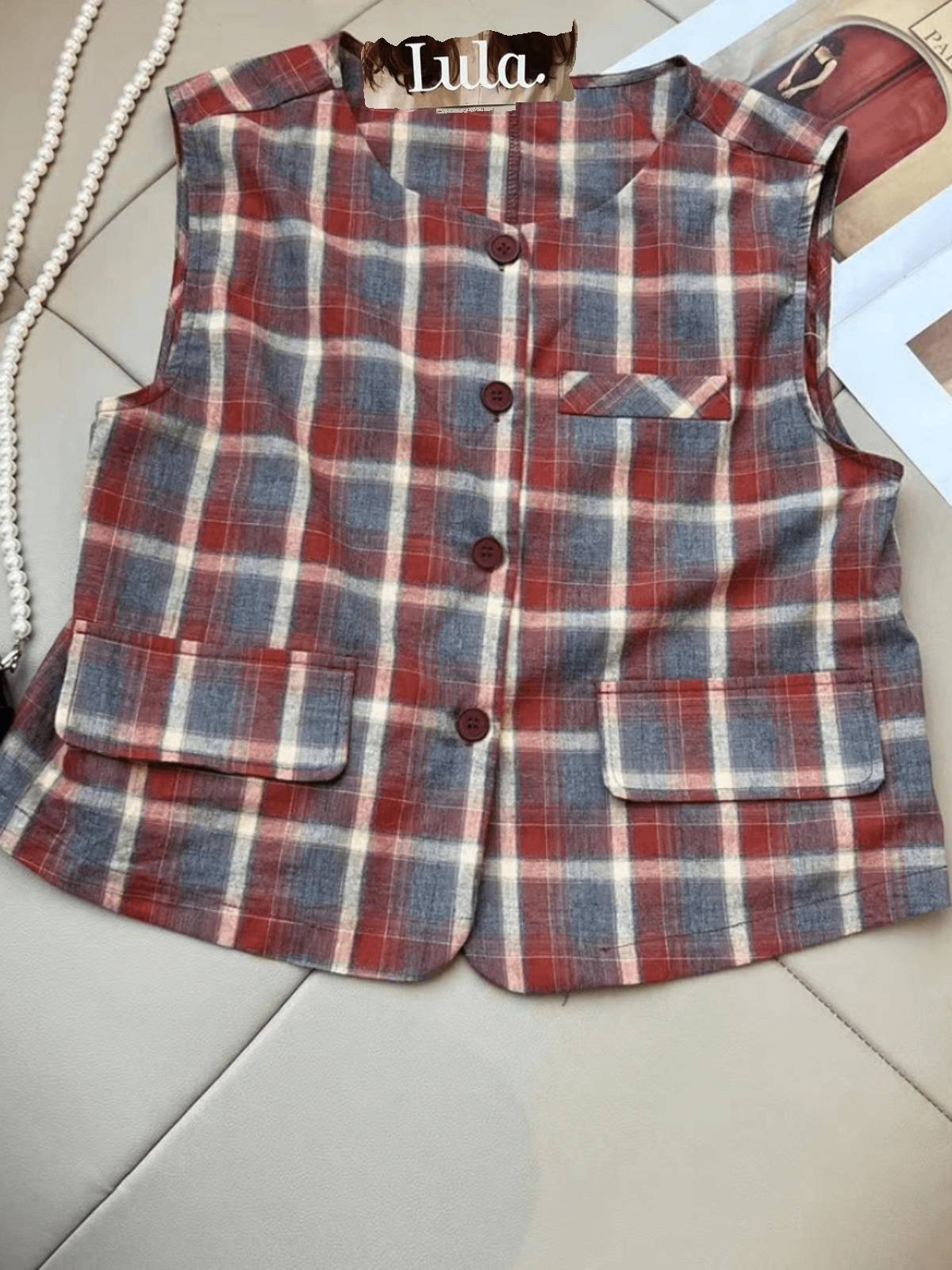 Color grid -colored shoulder vest female model 2024 new summer thin single buckle sleeveless pony clip vest top