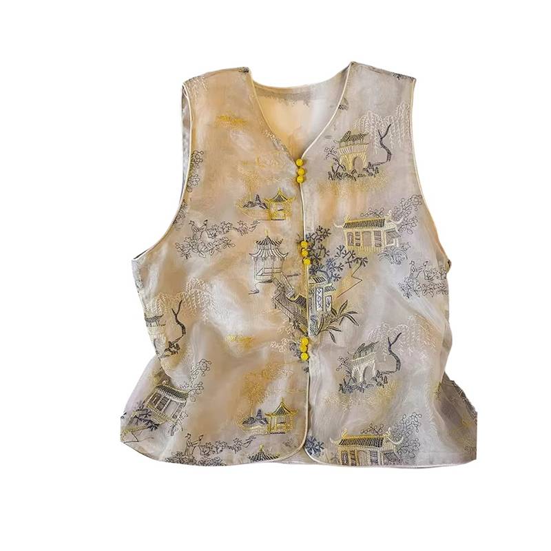 Guofeng Retro Heavy Industry Embroidery Vest Vest Vest Women Female Summer Light luxury new Chinese Zen fastening ridge horses clip top