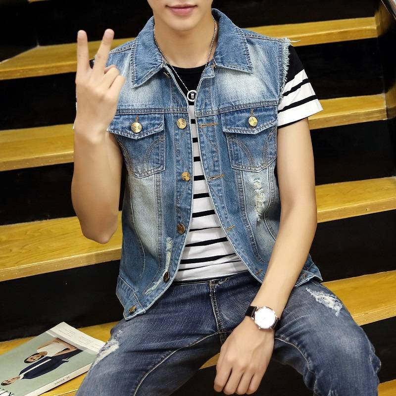 Spring and summer autumn denim vest men's Korean version of sleeveless shoulder slim denim vest horses clipped
