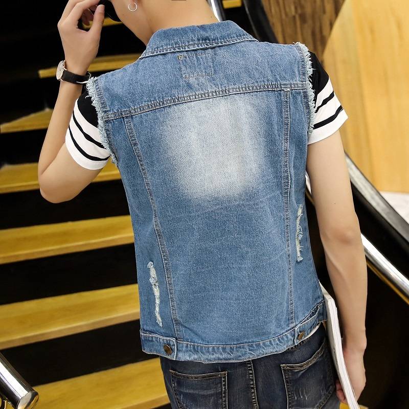 Spring and summer autumn denim vest men's Korean version of sleeveless shoulder slim denim vest horses clipped