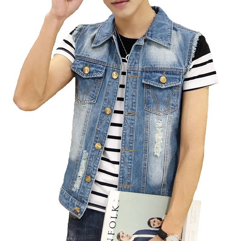 Spring and summer autumn denim vest men's Korean version of sleeveless shoulder slim denim vest horses clipped