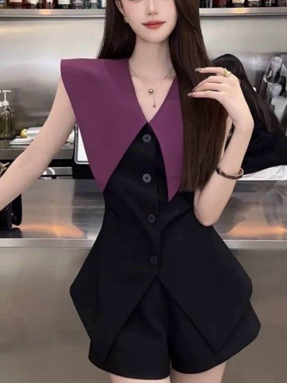 French pure desire, the royal sister fashion vest set female 2024 new summer navy collar top two -piece suit