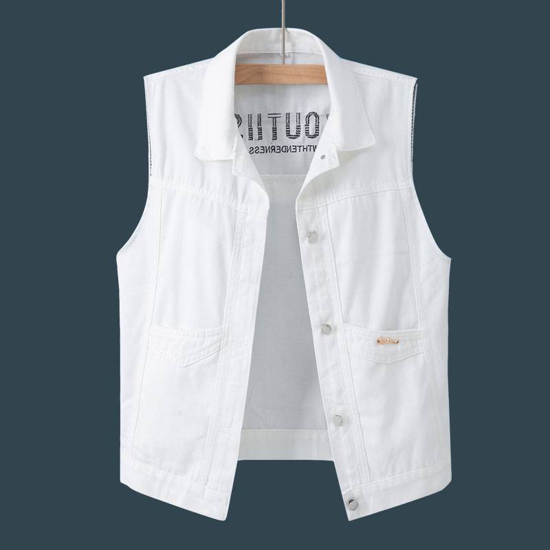 Embroidered white denim vest short jacket Men's spring and summer dress 2024 new Korean loose horse clip vest top