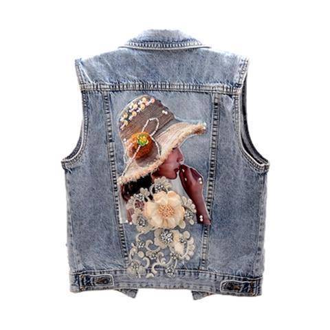 Jacket denim Korean 2024 Random shoulder inlaid vest vest autumn sleeveless short flowers new top top female version of drilling