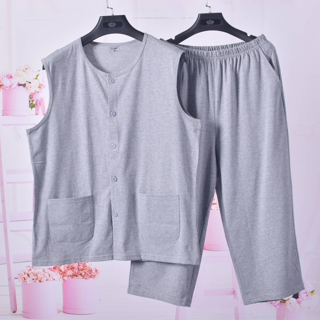 Elderly men's gobble vest pants set Grandpa summer old -fashioned old cotton knitted light and smooth shoulder vest
