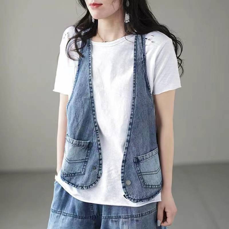 European station casual loose denim vest female spring and summer new Korean design sense niche tempera