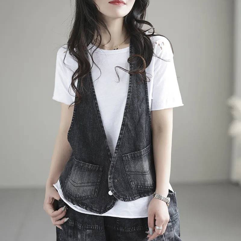 European station casual loose denim vest female spring and summer new Korean design sense niche tempera