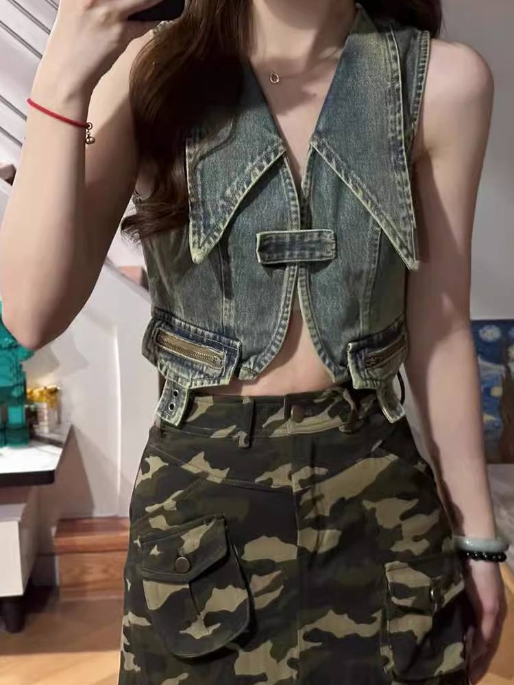 Micro Fat MM Design Sensory denim vest vest female summer age reduction retro versatile shoulder short jacket shirt tide