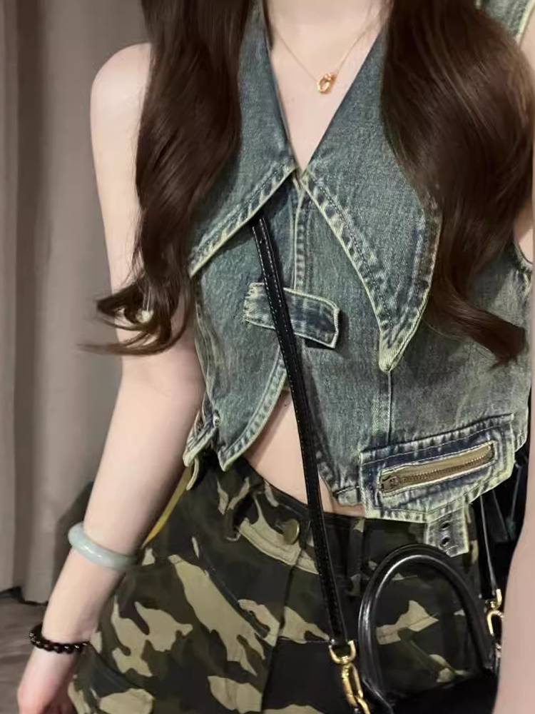 Micro Fat MM Design Sensory denim vest vest female summer age reduction retro versatile shoulder short jacket shirt tide