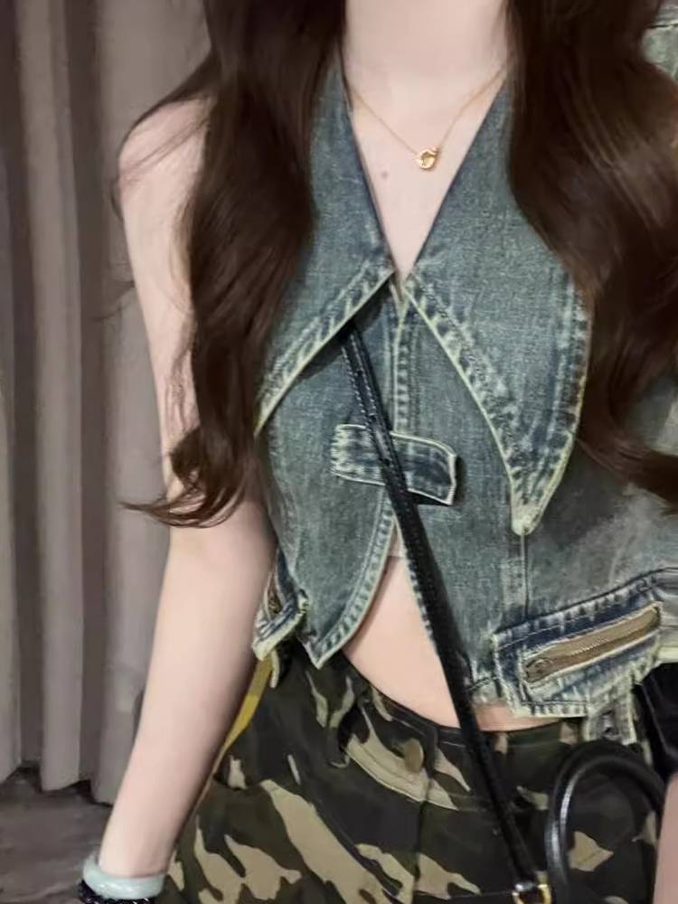 Micro Fat MM Design Sensory denim vest vest female summer age reduction retro versatile shoulder short jacket shirt tide
