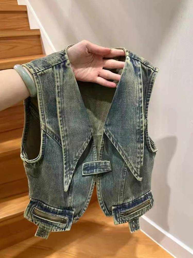 Micro Fat MM Design Sensory denim vest vest female summer age reduction retro versatile shoulder short jacket shirt tide