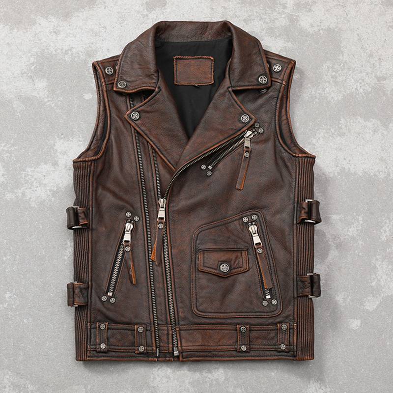 Harley locomotive vest cowhide leather coat men's retro old leather zipper tide men's pure leather riding vest