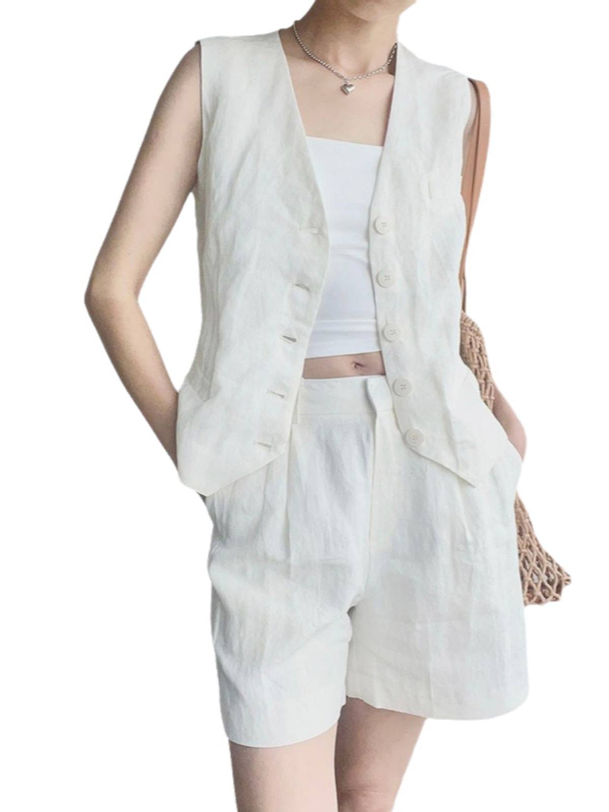Cotton and linen white suit vest female Xia Ou goods lightly stacked V -neck linen sleeveless shoulder coat top
