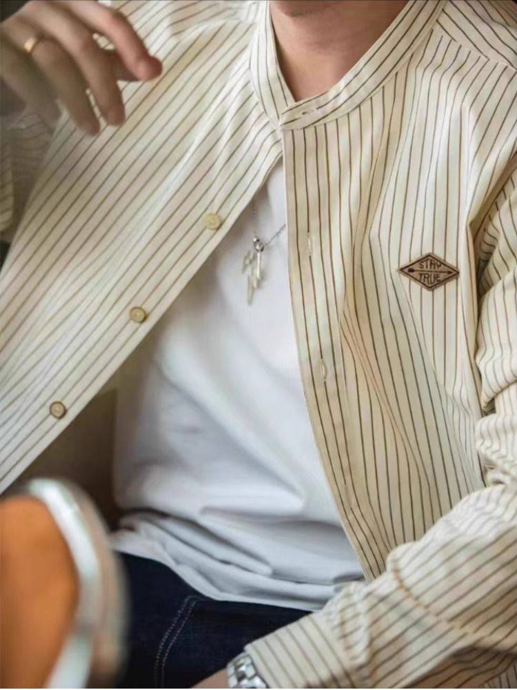 Madden Worker's Leisure Embroidery stripes, long-sleeved shirts with a loose-train baseball shirt