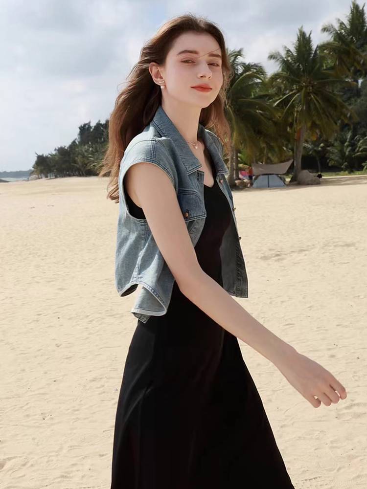 Aeg cotton short denim shirt vest female 2024 summer retro loose short sleeve slim small shirt jacket top