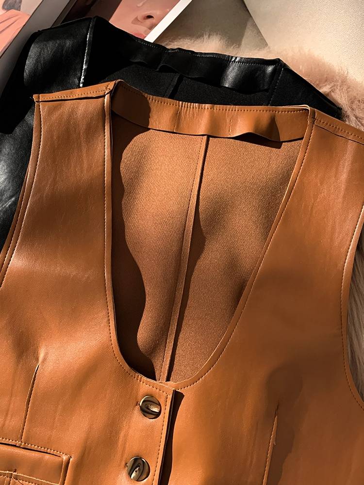 Retro inner skin vest women's jacket in winter women's stacks wearing brown foreign gas shoulder horses clip vests European cargo top