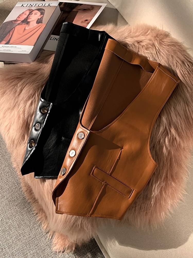 Retro inner skin vest women's jacket in winter women's stacks wearing brown foreign gas shoulder horses clip vests European cargo top