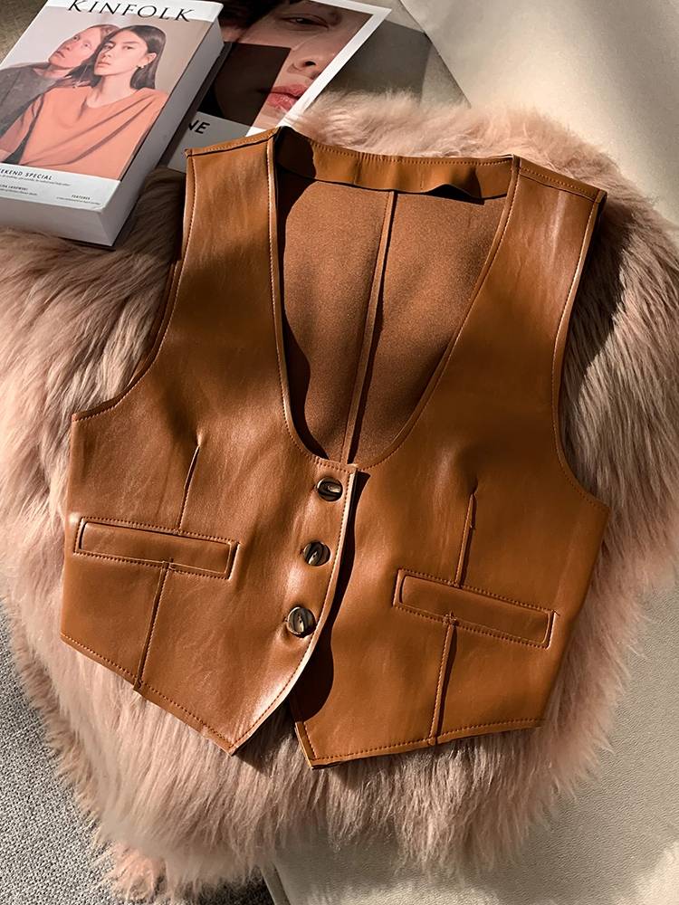 Retro inner skin vest women's jacket in winter women's stacks wearing brown foreign gas shoulder horses clip vests European cargo top