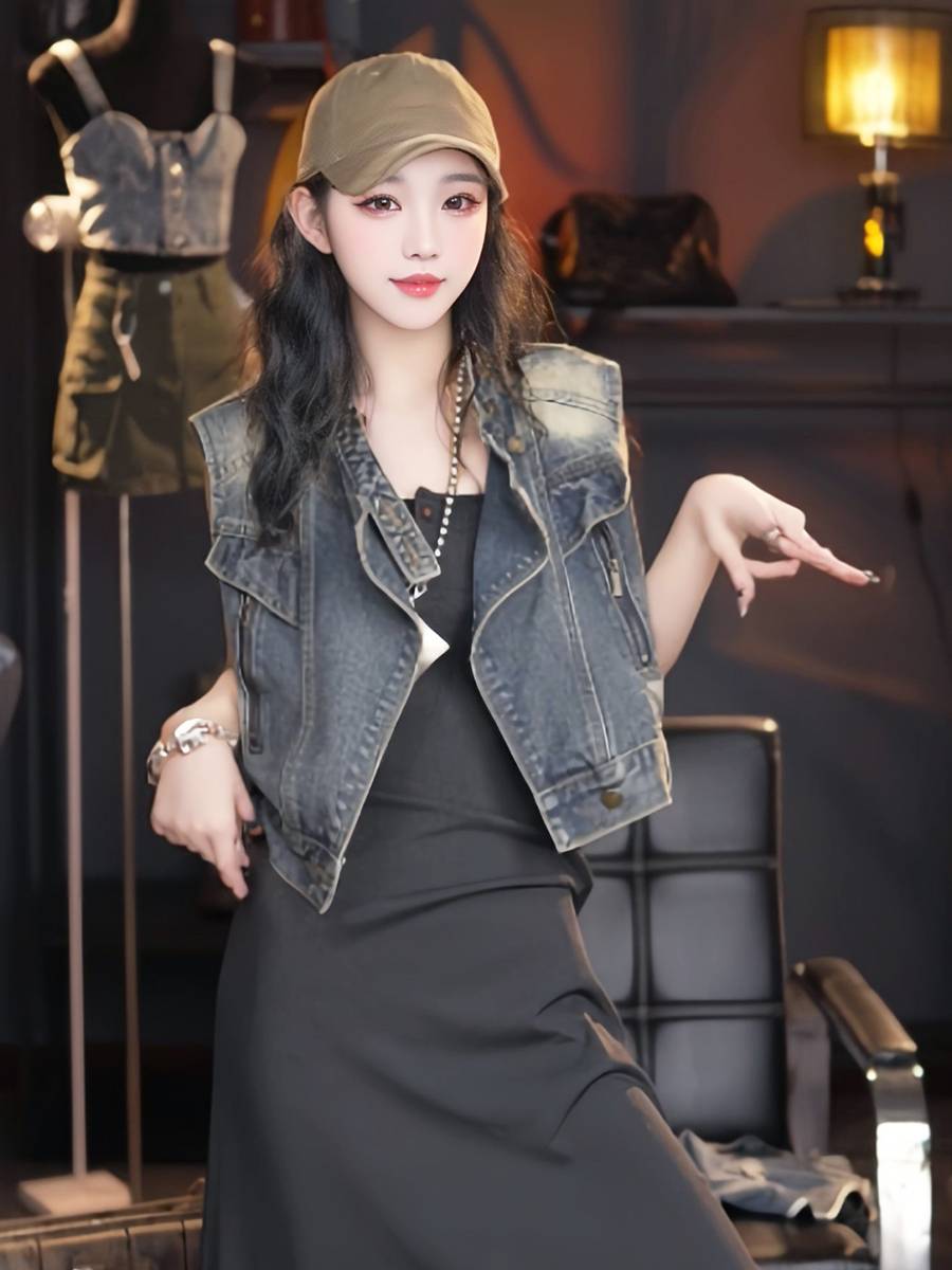 Cowboy vest female summer Hong Kong flavor retro sleeveless cubs, shoulder vest horseshop car cars, handsome short jackets