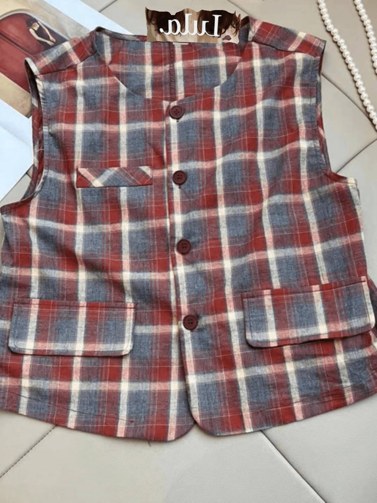 Retro grid vest vest female summer 2024 new models this year popular unique unique sleeveless small shoulder top