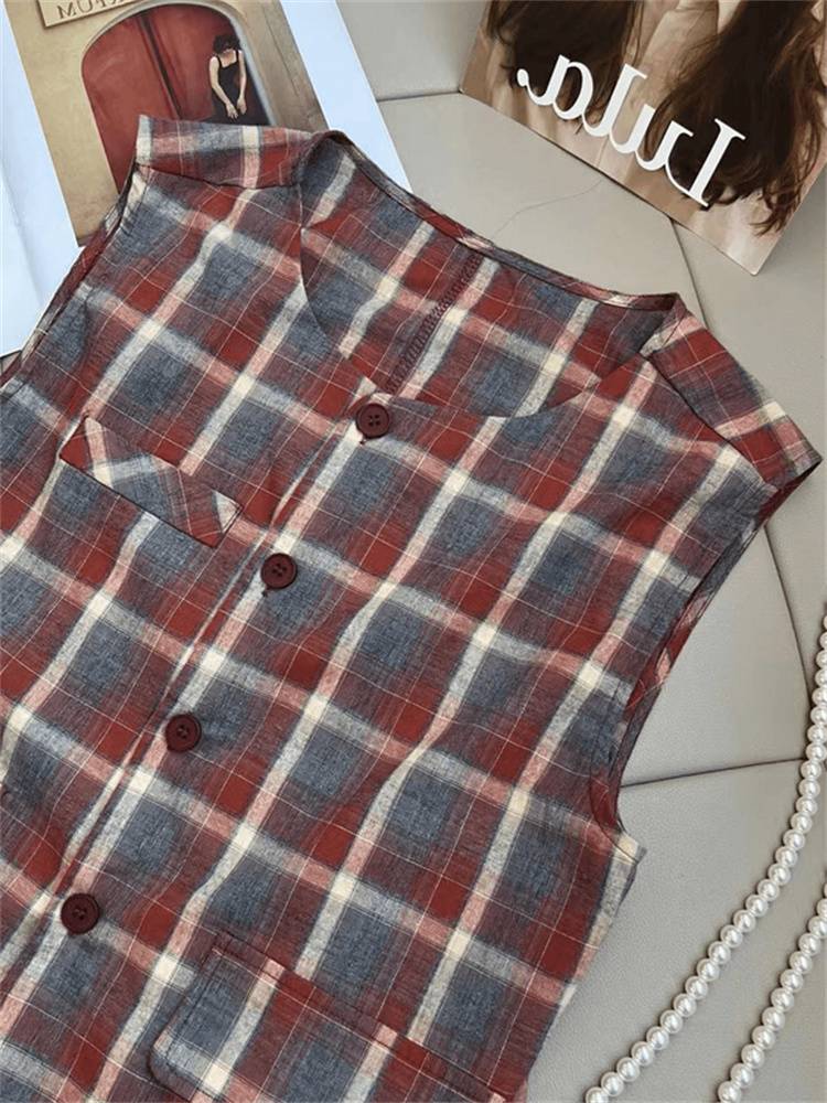 Retro grid vest vest female summer 2024 new models this year popular unique unique sleeveless small shoulder top