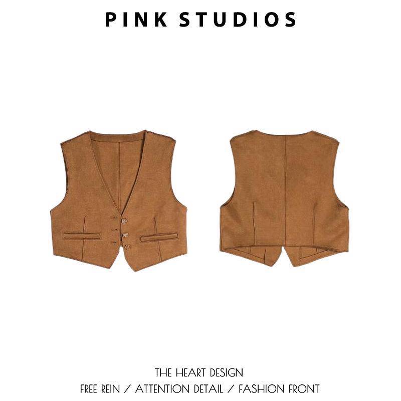 Retro suede V -neck horse Jia female summer national style with short loose vest stacking brown holiday top